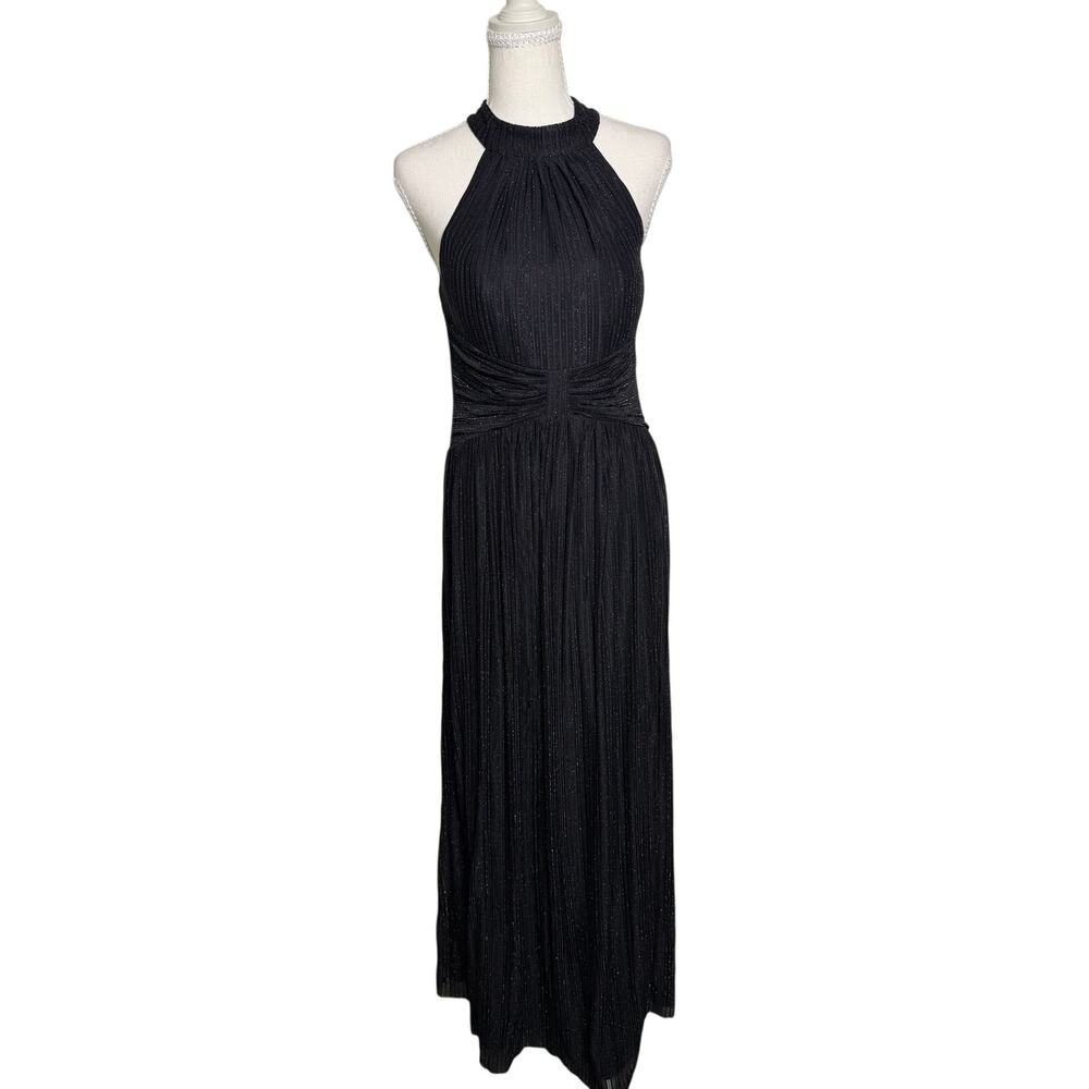 Ever-Pretty Black Glitter Pleated Halter Maxi Dress Formal Evening Gown
